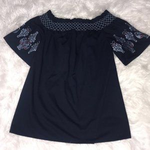 Embroidered Sleeve Navy Shift Dress